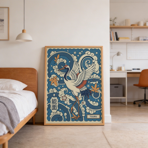 Capturing Traditional Tsuru Print wall art with central crane motif, blossoms, and maple leaves