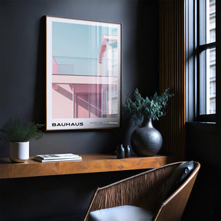 Modern house design in pink and blue featured in Bauhaus style wall art.