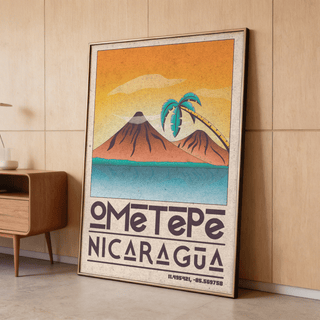 Retro-style Ometepe Nicaragua Poster featuring two volcano peaks above a shoreline