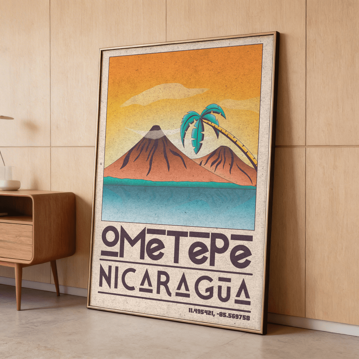 Retro-style Ometepe Nicaragua Poster featuring two volcano peaks above a shoreline