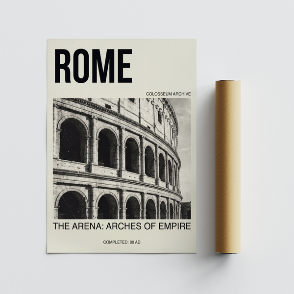 Monochrome Rome landmark wall art poster featuring the Colosseum arches in a classic photo style