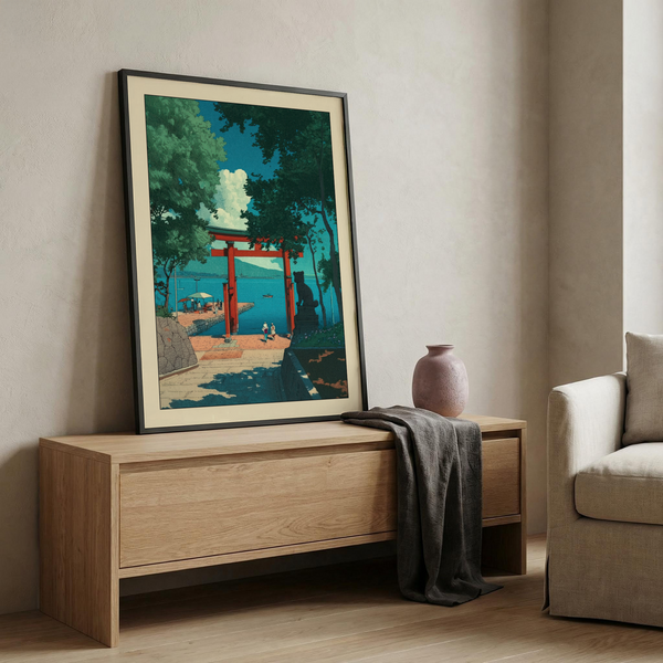 Hasui Kawase woodblock style print featuring a torii gate by the sea