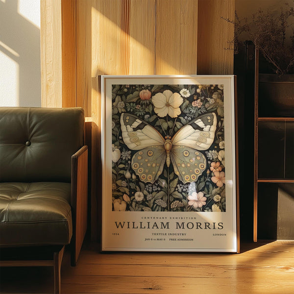 Butterfly posters featuring a vintage-style butterfly surrounded by botanical florals.