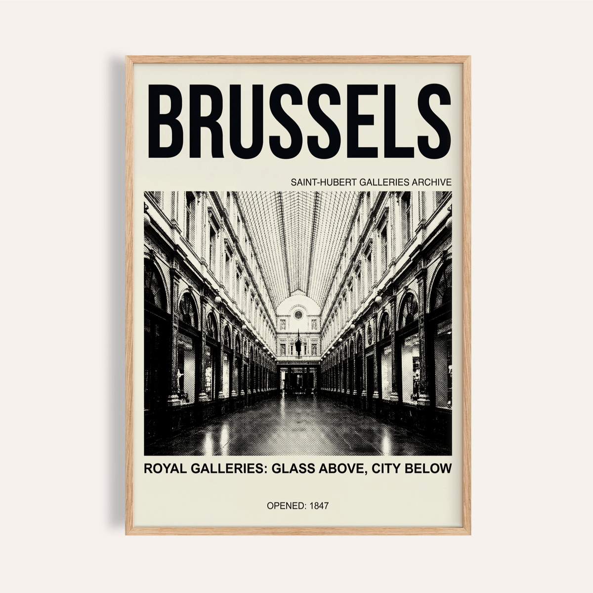 Brussels Gallery Print showing arched corridor under glass roof and bold city title