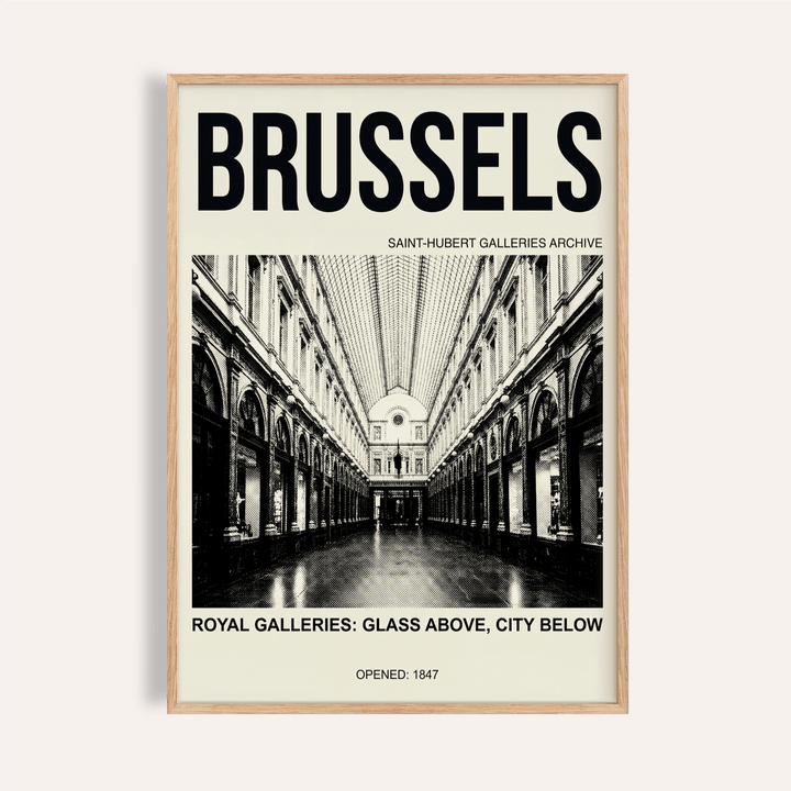 Brussels Gallery Print showing arched corridor under glass roof and bold city title