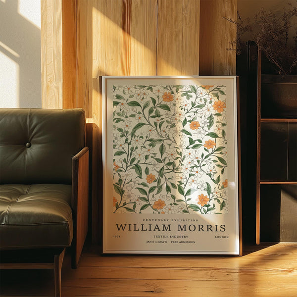 Vintage prints flowers with white blossoms and orange blooms on leafy green stems.