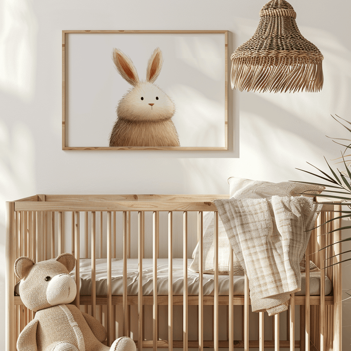 Cute Rabbit wall art of a fluffy brown and white rabbit above a wooden baby cot in a nursery