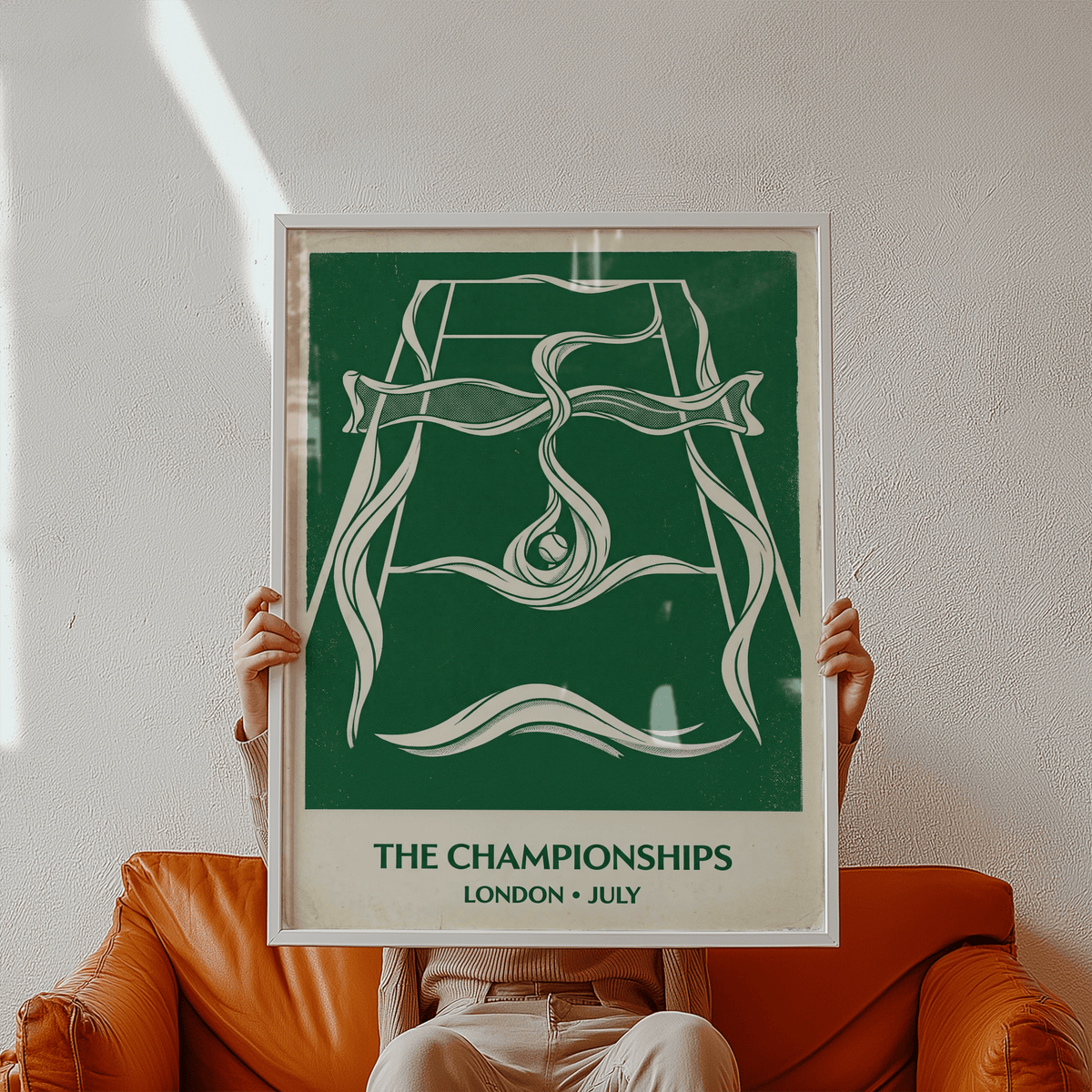 Centered Tennis Championship Wall Art featuring court diagram, swirling bands, and ball detail