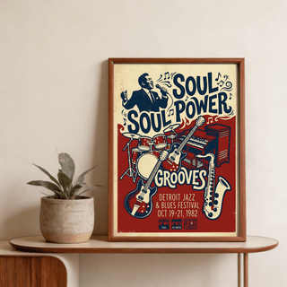 Poster artwork of soul singer holding microphone with large “Soul Power” typography