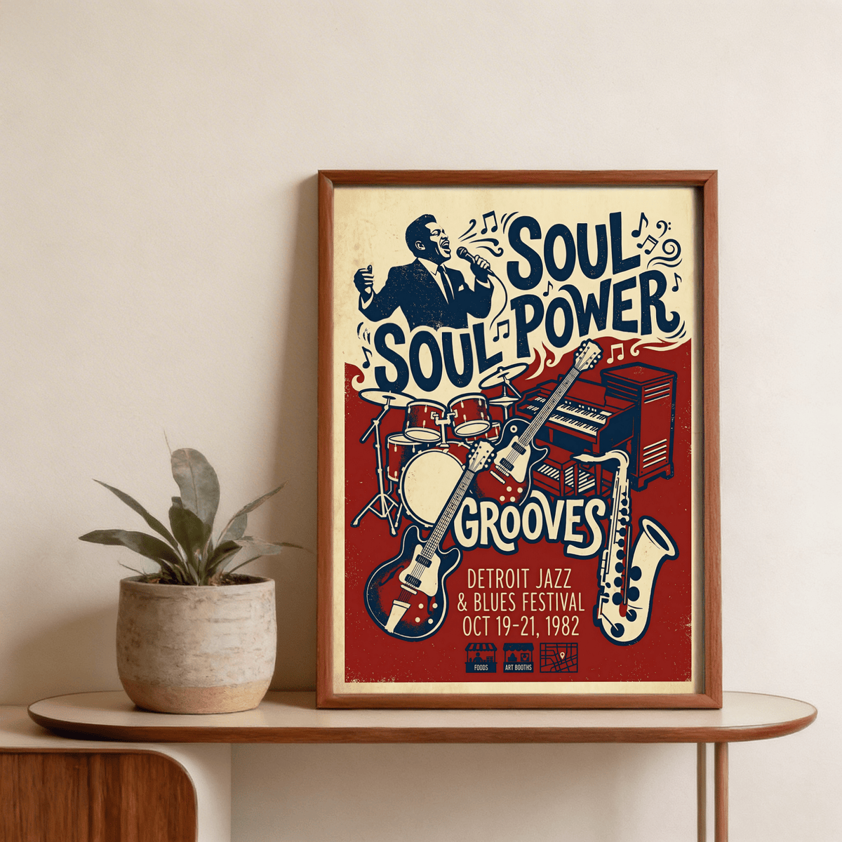 Poster artwork of soul singer holding microphone with large “Soul Power” typography