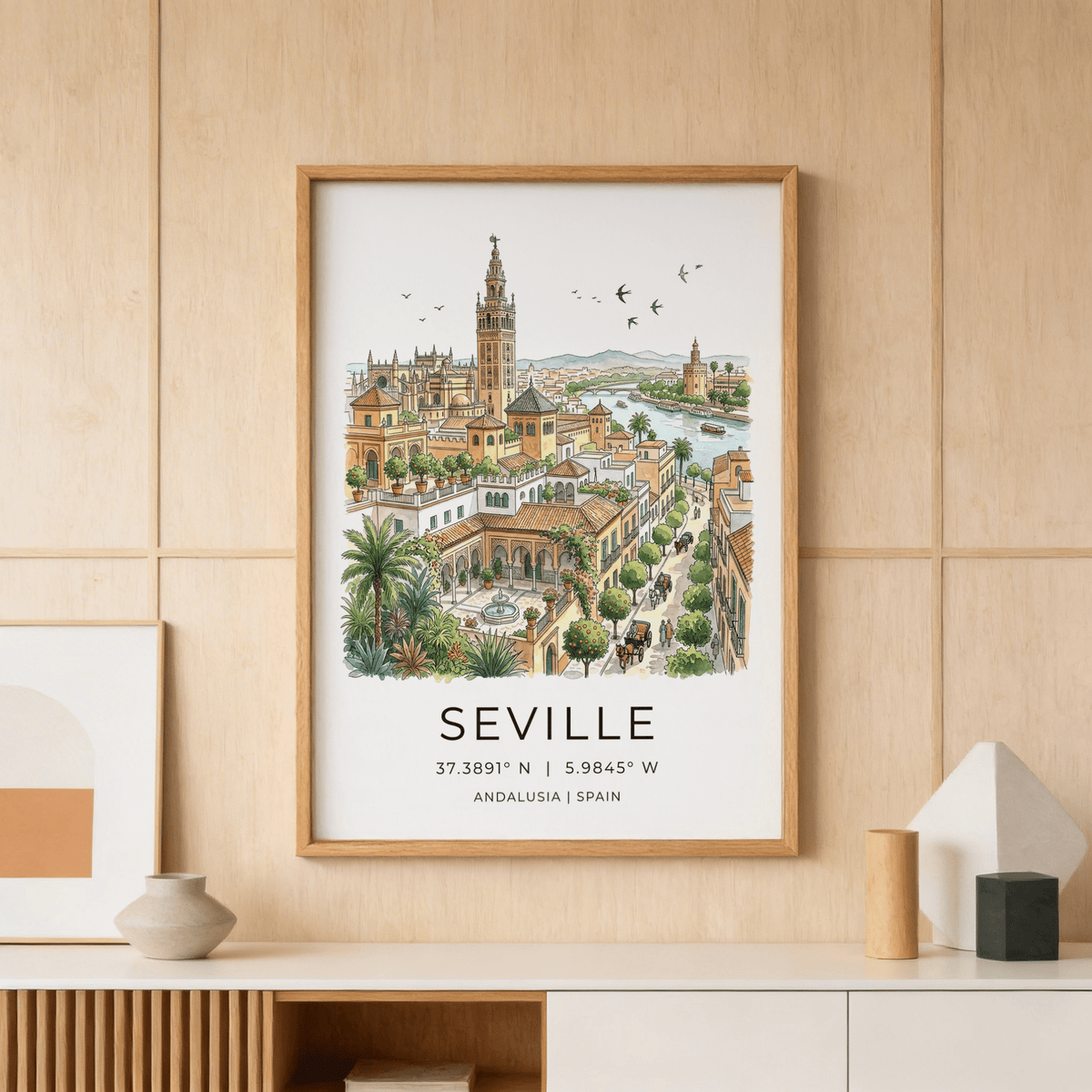 Detailed Seville cityscape poster print showing river boats, bridges, and tiled roofs