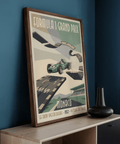 Illustrated Formula 1 Grand Prix Poster with airborne car, start and finish track signs