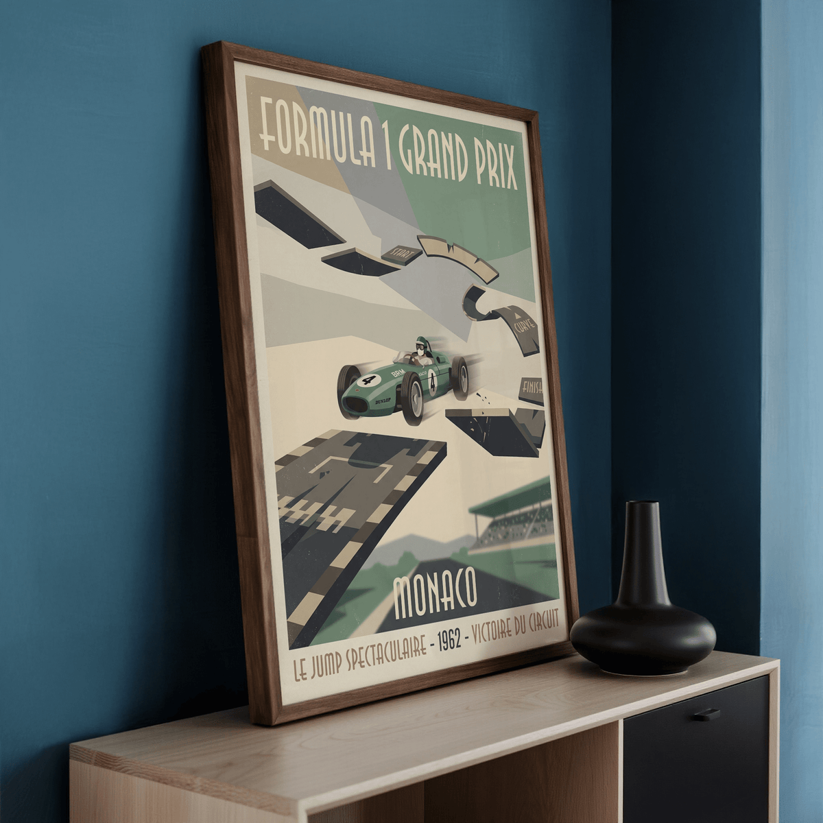 Illustrated Formula 1 Grand Prix Poster with airborne car, start and finish track signs