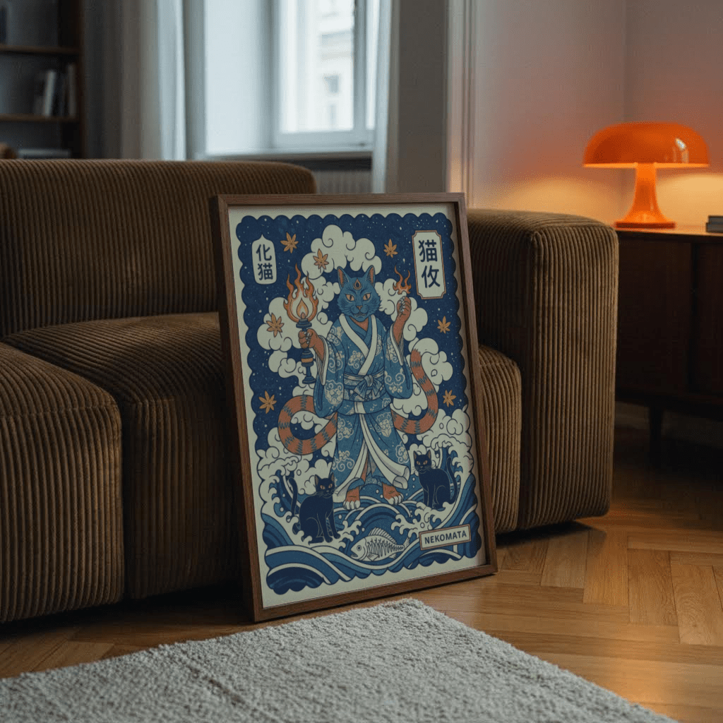 Nekomata Cat Wall Art illustration featuring robed cat, flame, and two smaller felines