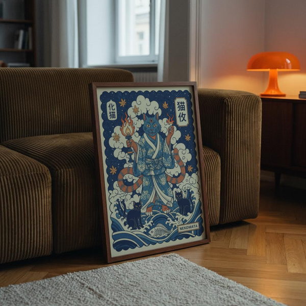 Nekomata Cat Wall Art illustration featuring robed cat, flame, and two smaller felines
