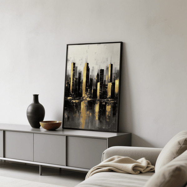 Gold and Black Skyline Poster decorative art print for hallway in gold and black colors