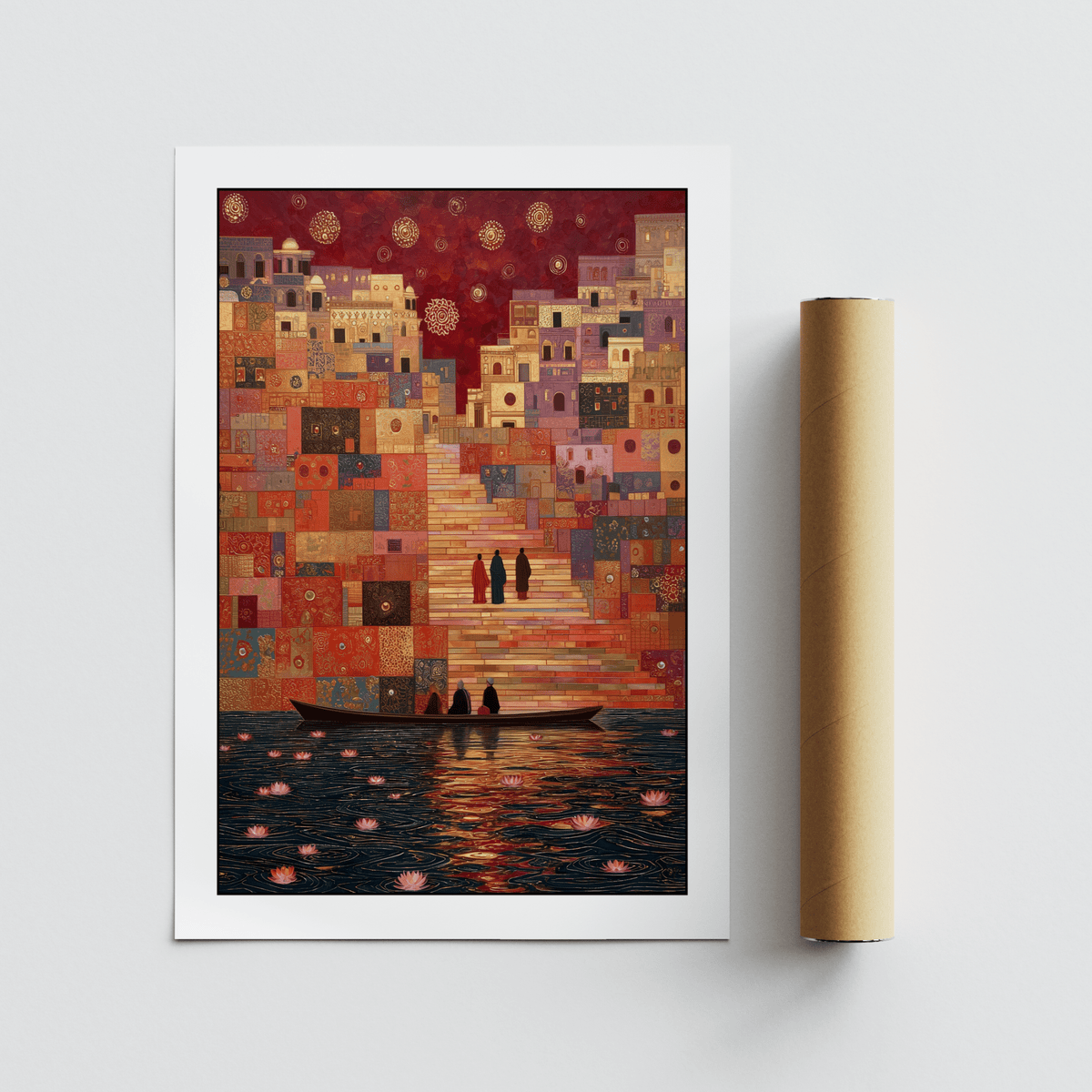 Detailed view of stacked red and gold buildings with patterned windows