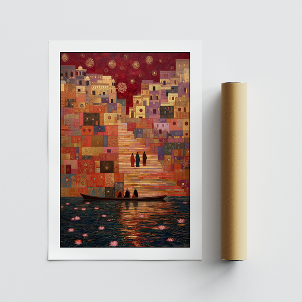 Detailed view of stacked red and gold buildings with patterned windows