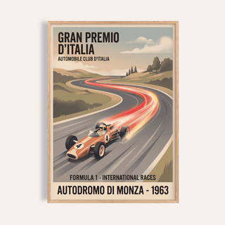 Front view Formula 1 Art Poster showing vintage race car on curving track with speed trails and event text