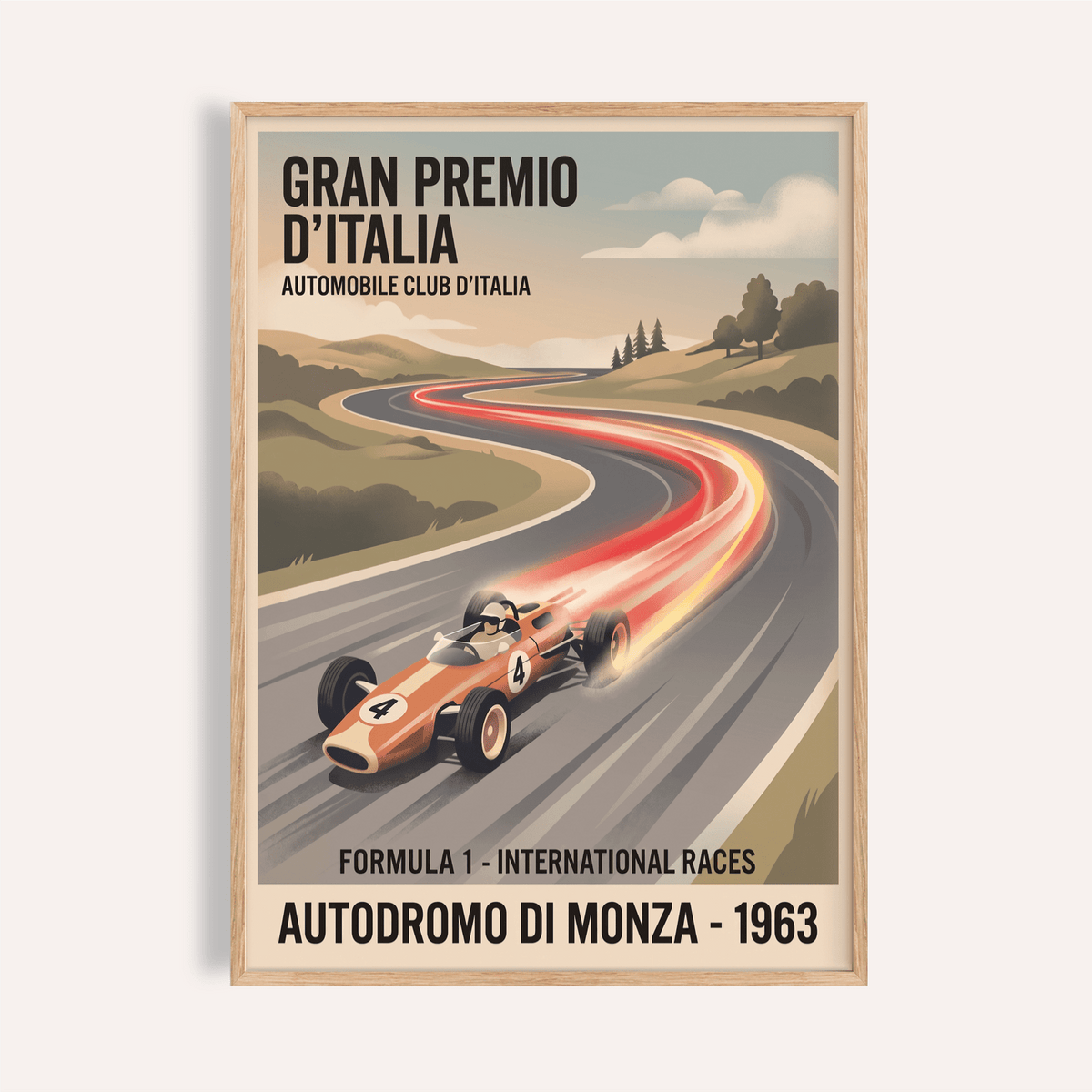 Front view Formula 1 Art Poster showing vintage race car on curving track with speed trails and event text