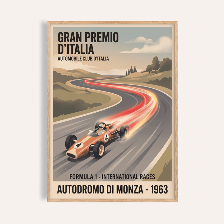Front view Formula 1 Art Poster showing vintage race car on curving track with speed trails and event text