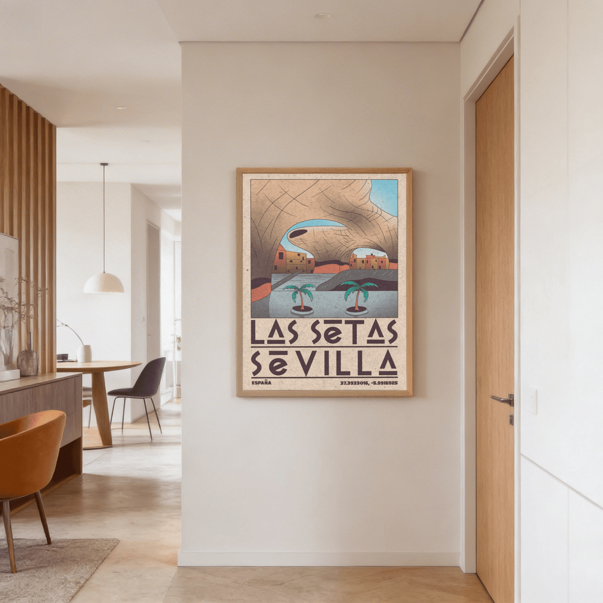 Vintage-style Sevilla illustration with bold block lettering and twin palm trees
