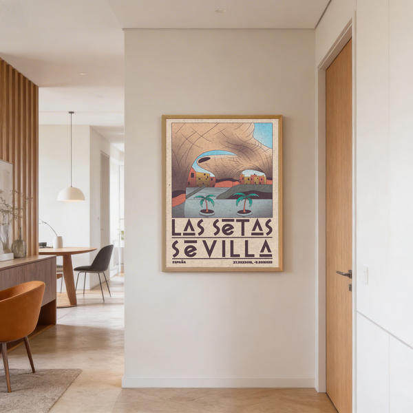 Vintage-style Sevilla illustration with bold block lettering and twin palm trees