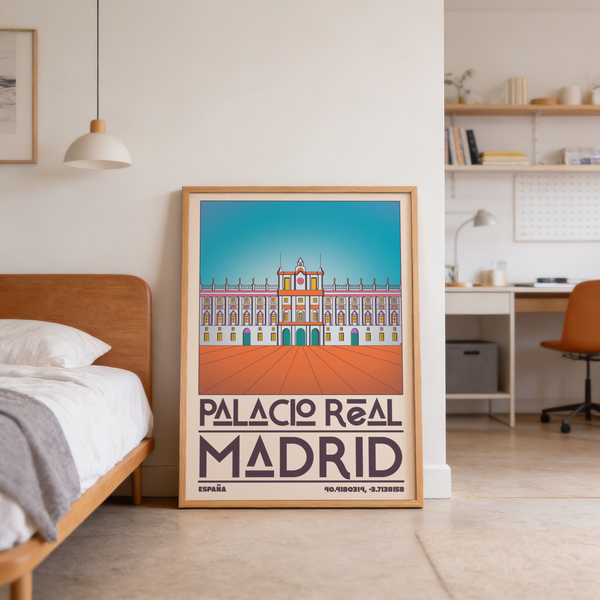 Typographic Madrid palace poster print with PALACIO REAL MADRID lettering and simplified architectural facade