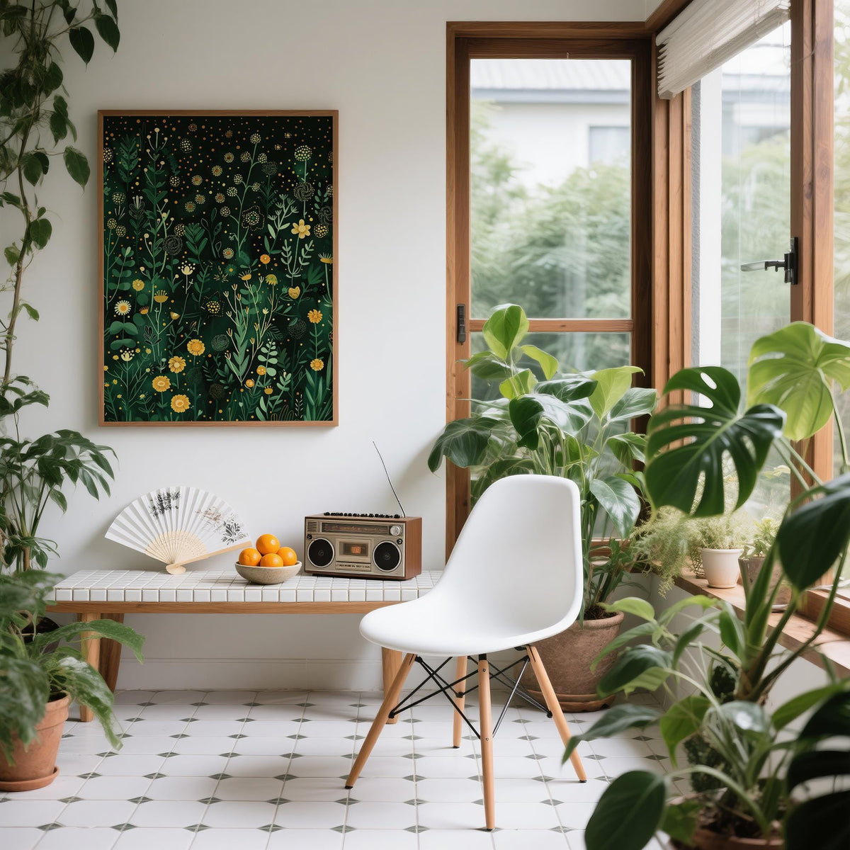 Botanical illustration for green decor with yellow flower accents.