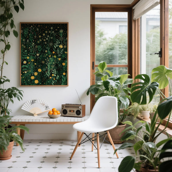 Botanical illustration for green decor with yellow flower accents.