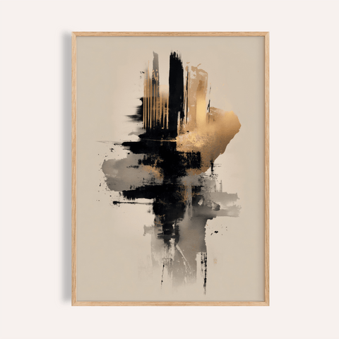 Gold and Black Poster with bold gold, black, and beige abstract strokes for living room print