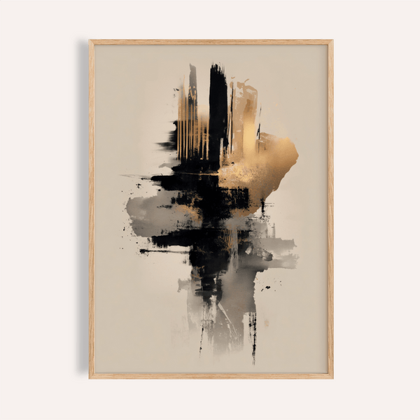 Gold and Black Poster with bold gold, black, and beige abstract strokes for living room print