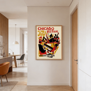 Capturing jazz ensemble poster print with piano, saxophone, and bassist silhouettes