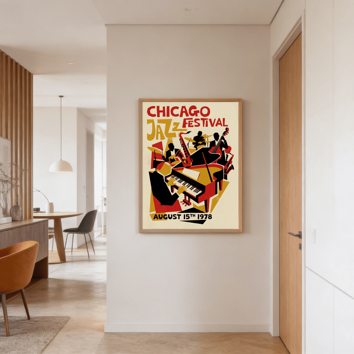 Capturing jazz ensemble poster print with piano, saxophone, and bassist silhouettes