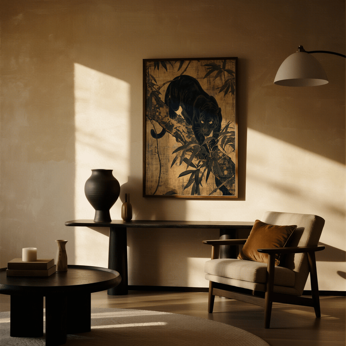 Jungle Wall Art print for living room, bold black panther, earthy colors