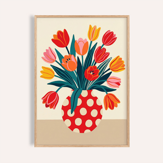 Floral Art Print with Red, Orange, Green; living room wall art