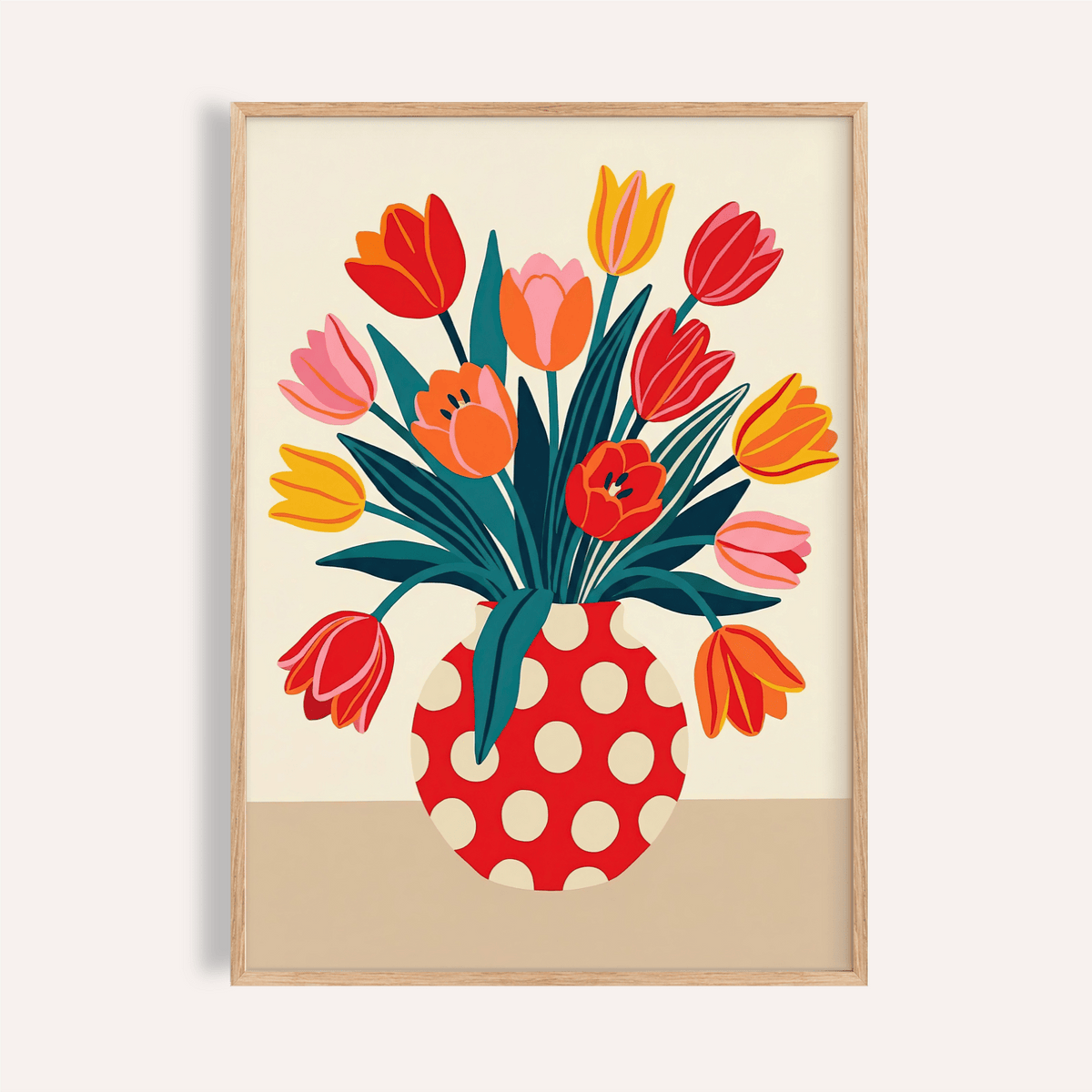 Floral Art Print with Red, Orange, Green; living room wall art