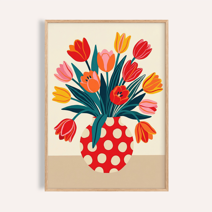 Floral Art Print with Red, Orange, Green; living room wall art