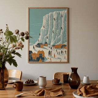 Mountain Climbing Art Print with Beige and White hues for kid's room decor