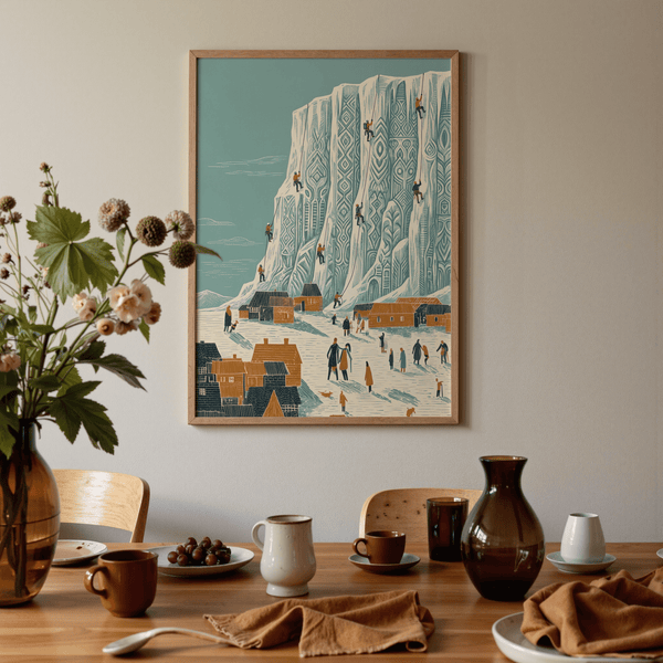 Mountain Climbing Art Print with Beige and White hues for kid's room decor