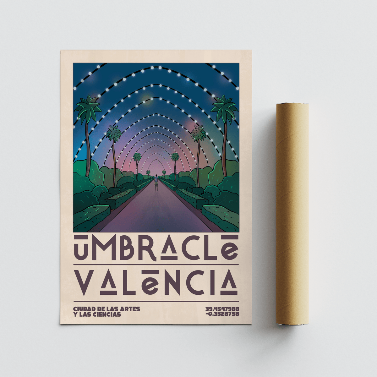 Central vanishing point artwork of city promenade with overhead light arcs