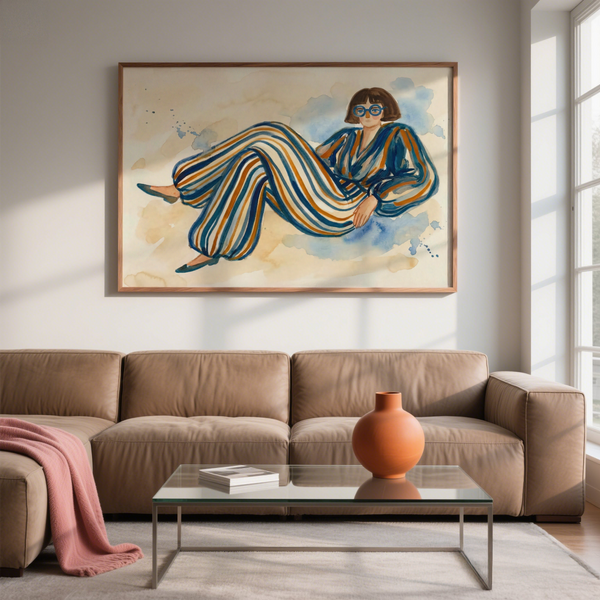 Beige and Blue Modern Female Illustration wall poster for studio space
