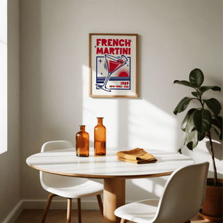 French Martini Art Print with Blue and Red details for dining nook decor