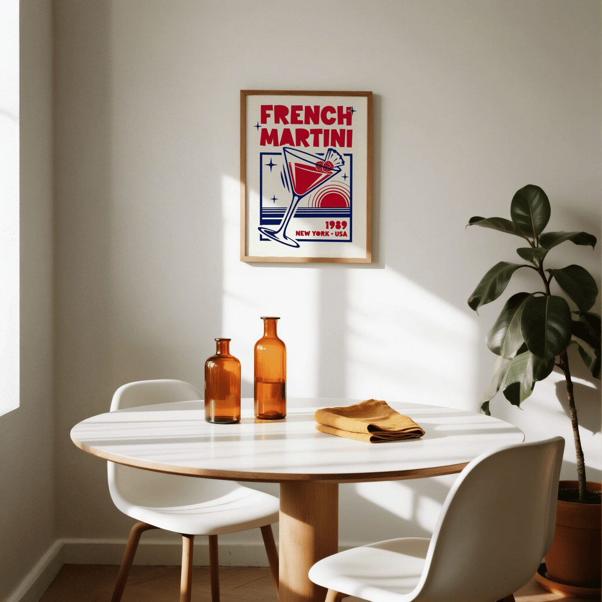 French Martini Art Print with Blue and Red details for dining nook decor
