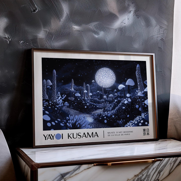 Framed Moon Art Wall print of glowing mushrooms with blue and white tones leaning on a marble surface
