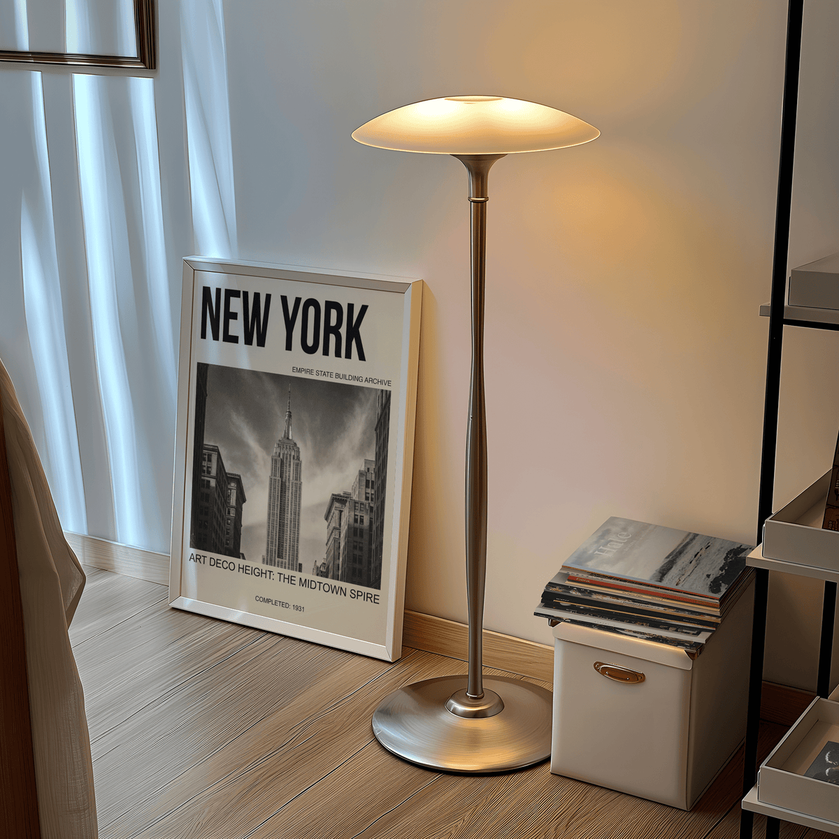 Large-format Empire State Building Wall Art with flanking buildings creating a strong vertical frame