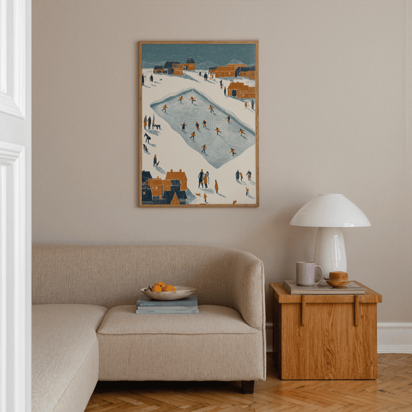 Ice Skating Poster print, blue and white, designed for modern living room