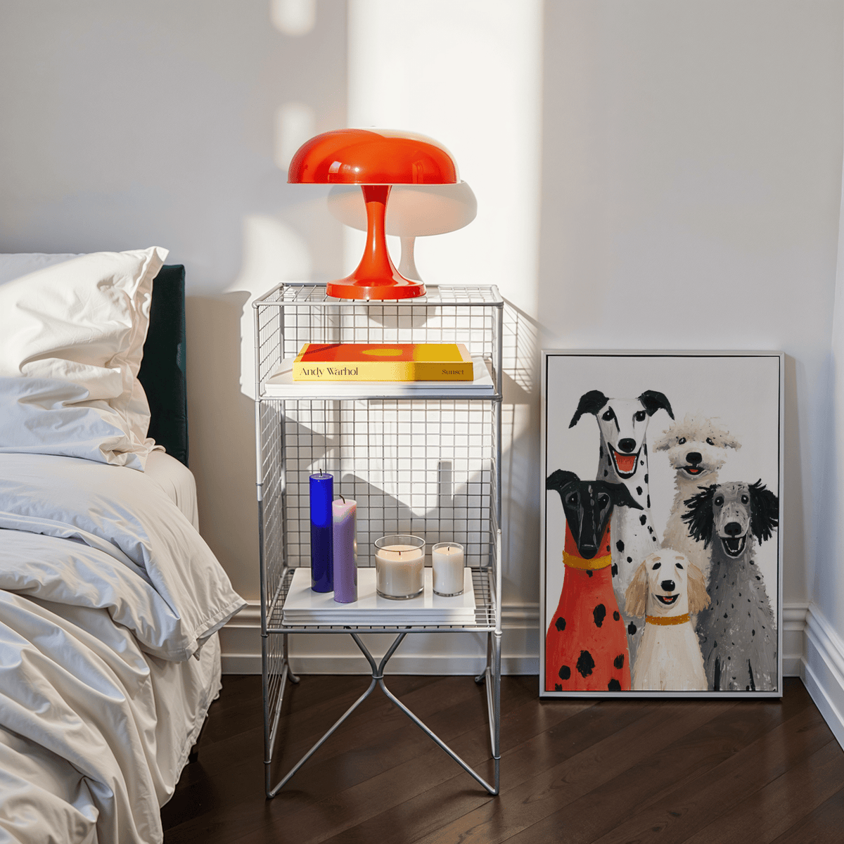 Modern Dog Portrait Art Print showcasing red, white, and black in a dining room