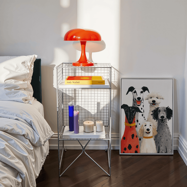 Modern Dog Portrait Art Print showcasing red, white, and black in a dining room