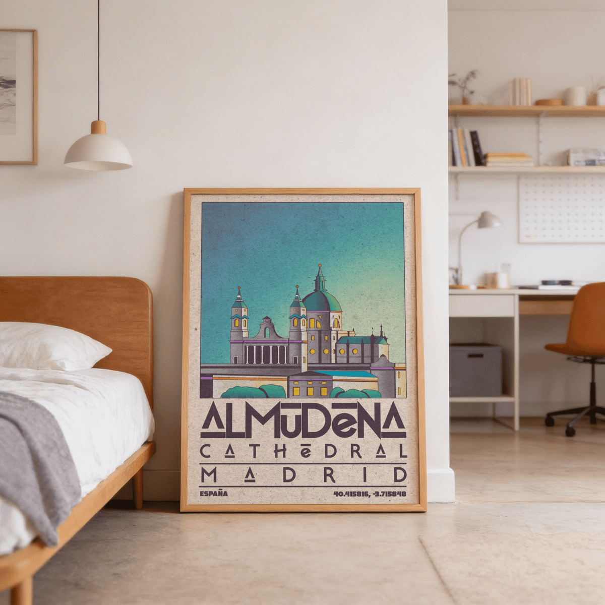 Illustrated Almudena Cathedral print featuring geometric capital letters